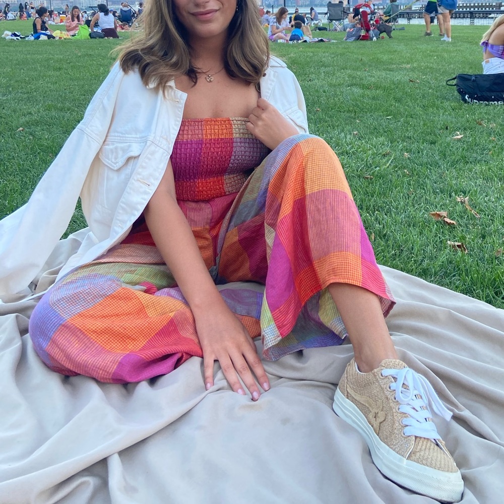 Anthropologie Plaid Rainbow Smocked Jumpsuit